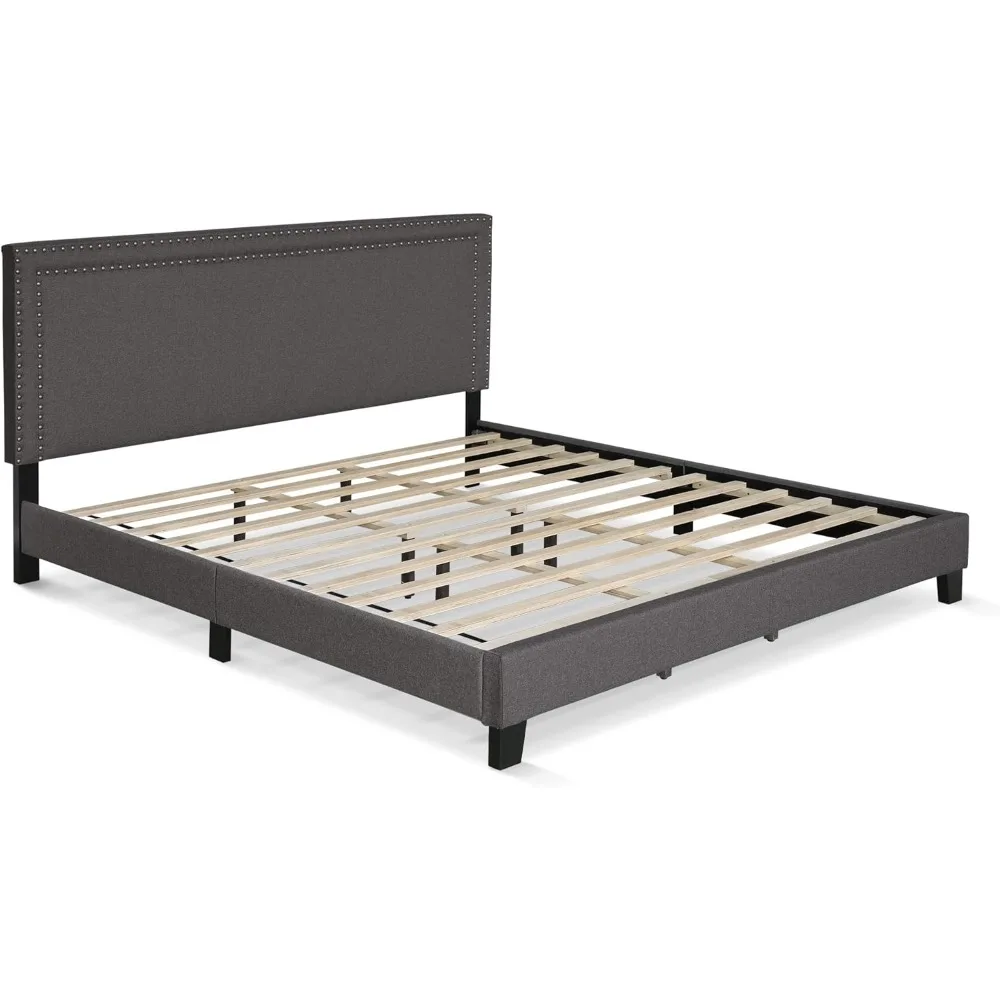 Laval Double Row Nail Head Upholstered Platform Bed Frame, King, Stone