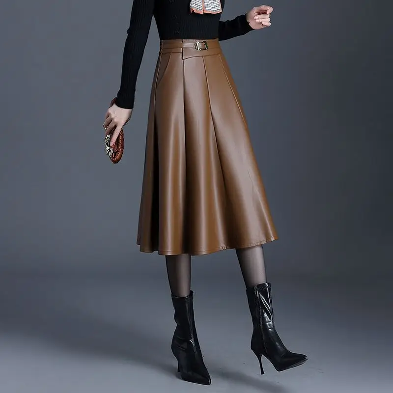 Autumn Winter Midi Pu Faux Leather Skirt Women Coffee Color Black Long High Waisted Pleated A-Line Skirts For  2024 N85