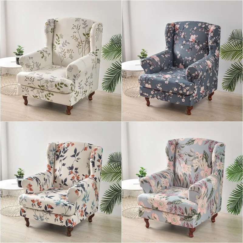 

Floral Printed Wing Chair Cover Stretch Spandex Armchair Cover with Seat Cushion Cover Elastic Relax Wingback Sofa Slipcovers