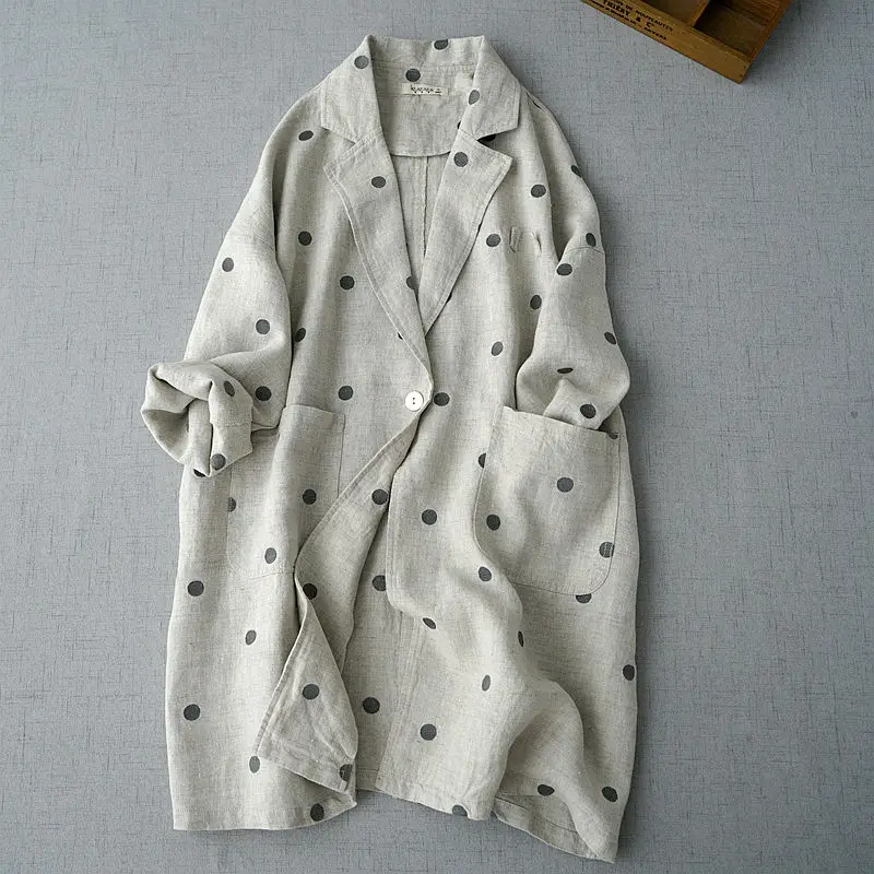 2023 New Arrival Spring Autumn Women Casual Loose Turn-down Collar Single Breasted Trench Dot Print Long Sleeve Cotton Coat P614