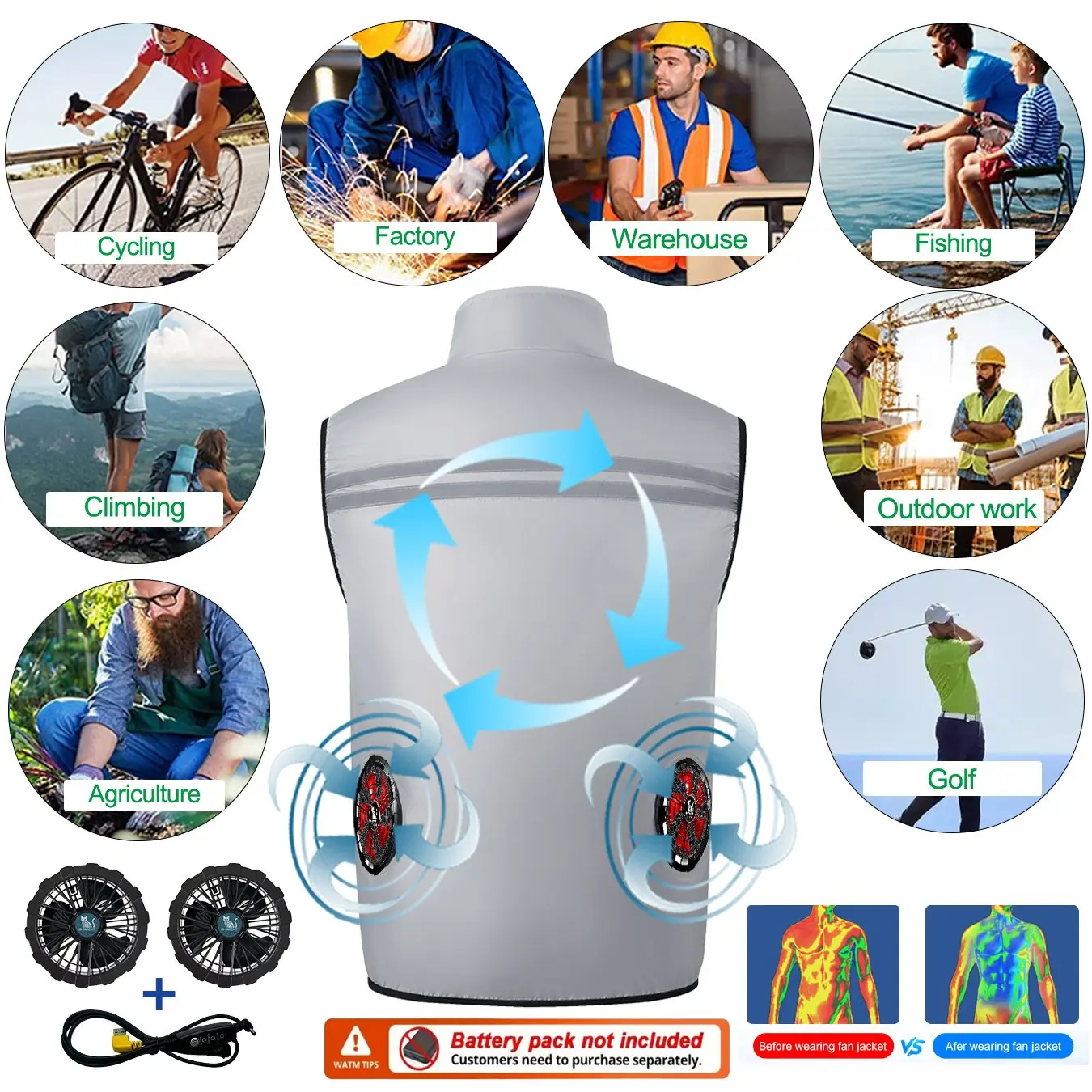 Summer Cooling Vest USB 12V/5V Fans Rechargeable Hooded Air Conditioner Clothes Sleeveless Fan Cooling Workwear Outdoor Sport