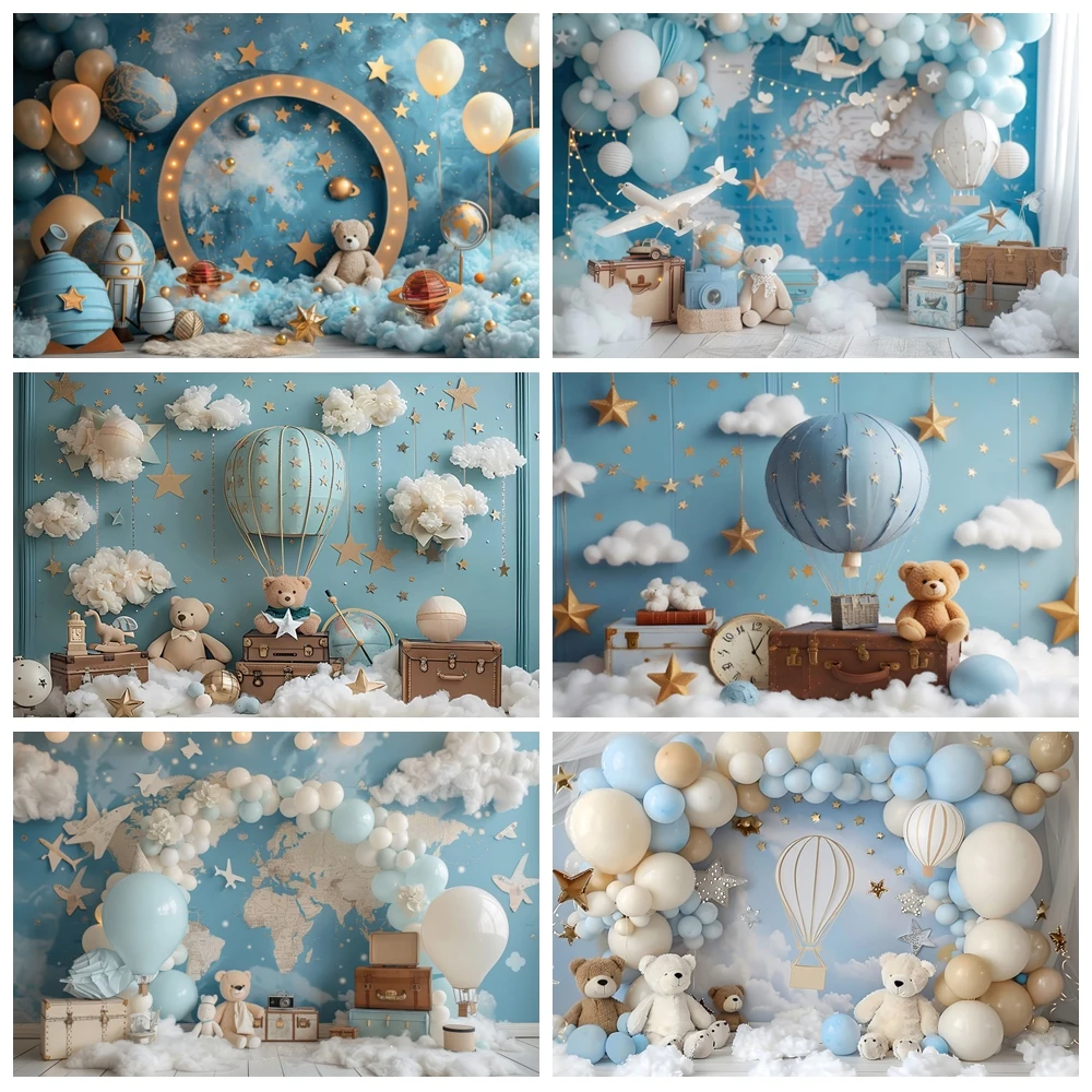 

Baby Birthday Party Photography Backdrop Blue Starry Sky Bear Hot Air Balloon Baby Shower Kid Cake Smash Background Photo Studio