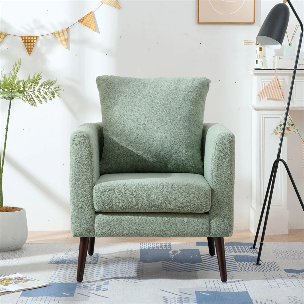 Modern Accent Chair Upholstered Armchair Fabric Lounge Chair with Pillow Reading Chair with Wood Legs for Bedroom Reception Room