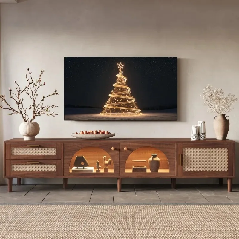Wicker TV Stand with LED Lights, 86-inch Entertainment Center, 3 Cabinets and 2 Drawers, Solid Wood Legs
