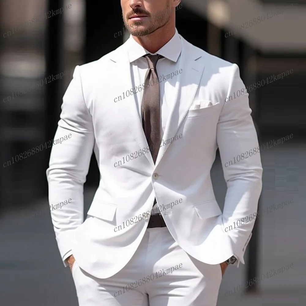 

Fashion White Formal Occasion Men Business Suit Groom Groomsman Wedding Party Prom Male Tuxedos 2 Piece Set Blazer Pants