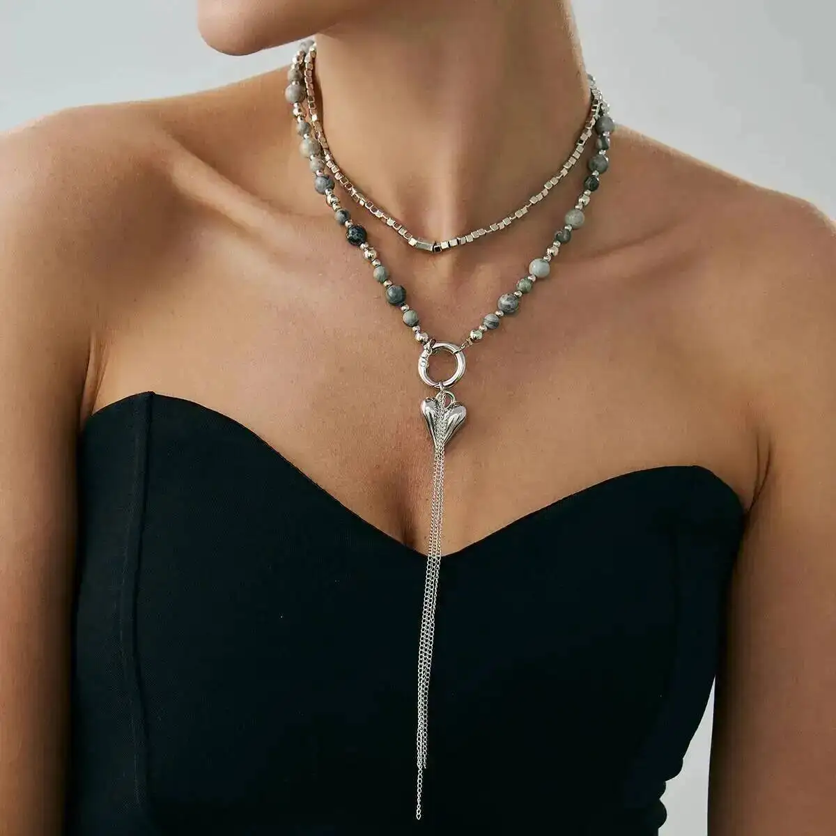 

SHIXIN 2 Pcs/Set Elegant Love Heart Pendant Long tassel Necklace for Women Vintage Stone Bead Sweater Chain Choker Jewelry