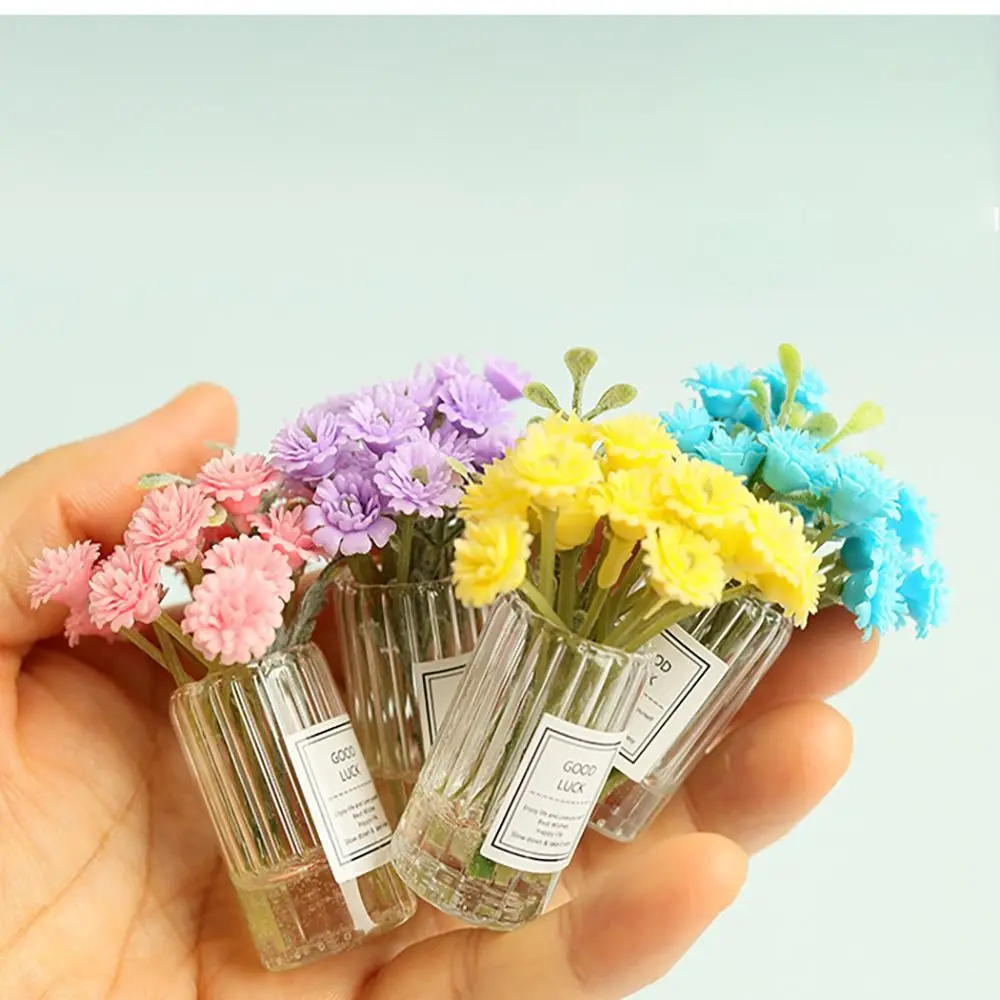 Colorful Baby's Breath Artificial Flower Glass Vase Model Mini Floral Arrangement Green Plant Dollhouse Miniature Flower Decor