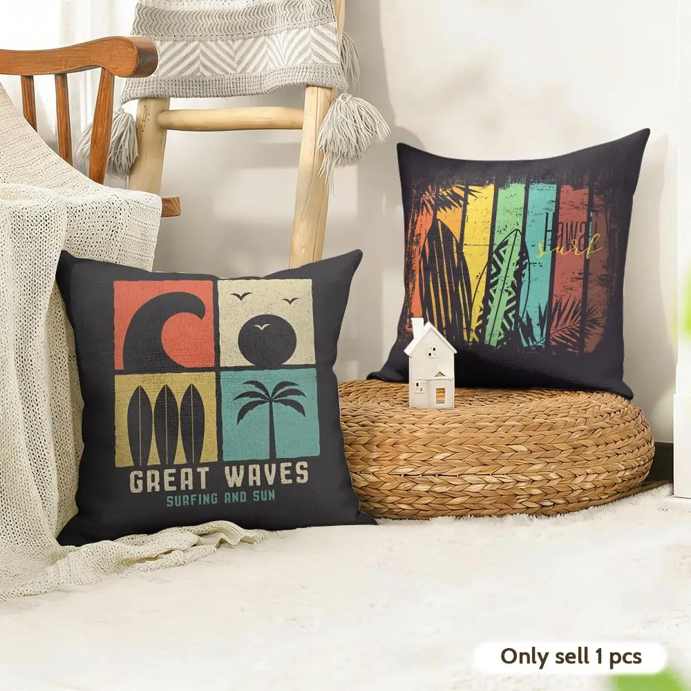 Surfing Pattern Cushion Cover Natural Linen Pillow Cover Double-Sided Print Cushion Cover for Sofa Home Decor