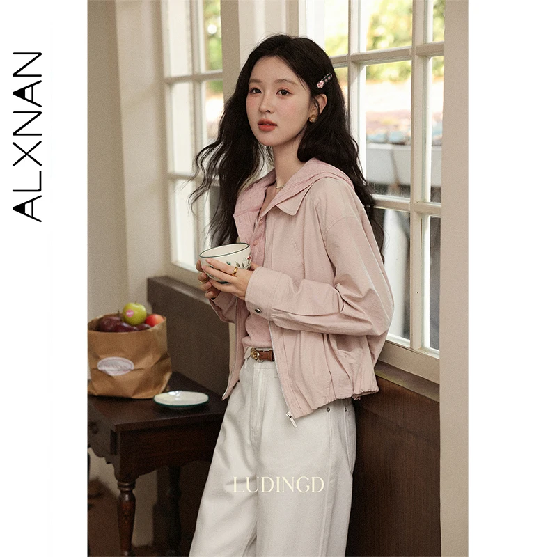 ALXNAN Women's Pink Short Jacket Cotton Elegant Casual Outerwear 2025 Fashion Loose-fit Office Lady Fashion Female Coats L56722