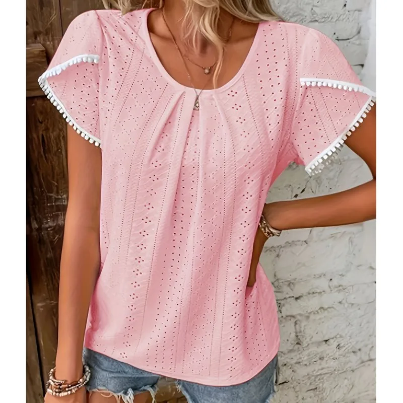 2026 New Summer Women's Top Solid Color Hollow Unique Sleeves Casual Loose Fashionable Comfortable Versatile Sweet And Daily Top