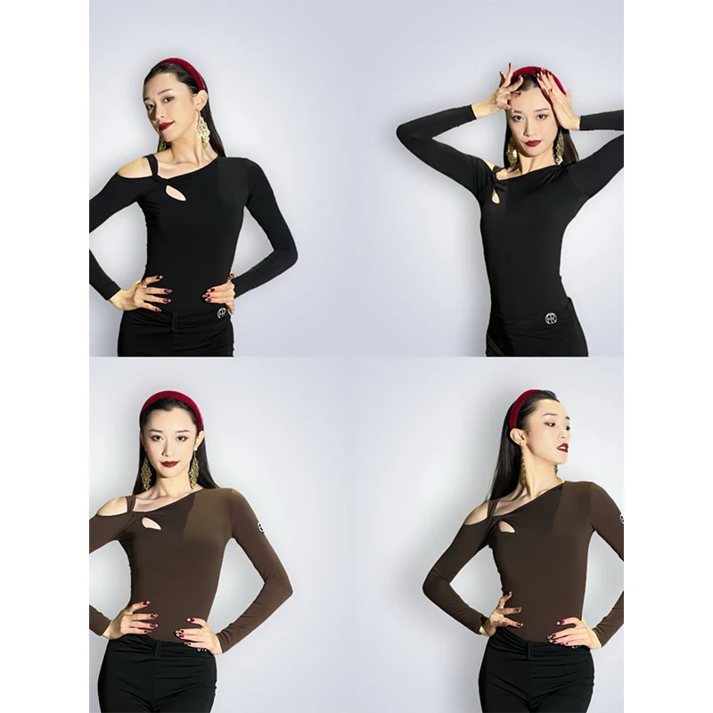 冬ラテンダンスの服女性大人長袖ブラウンブラックトップスルンバ社交ダンス練習服ボディスーツ DNV22118