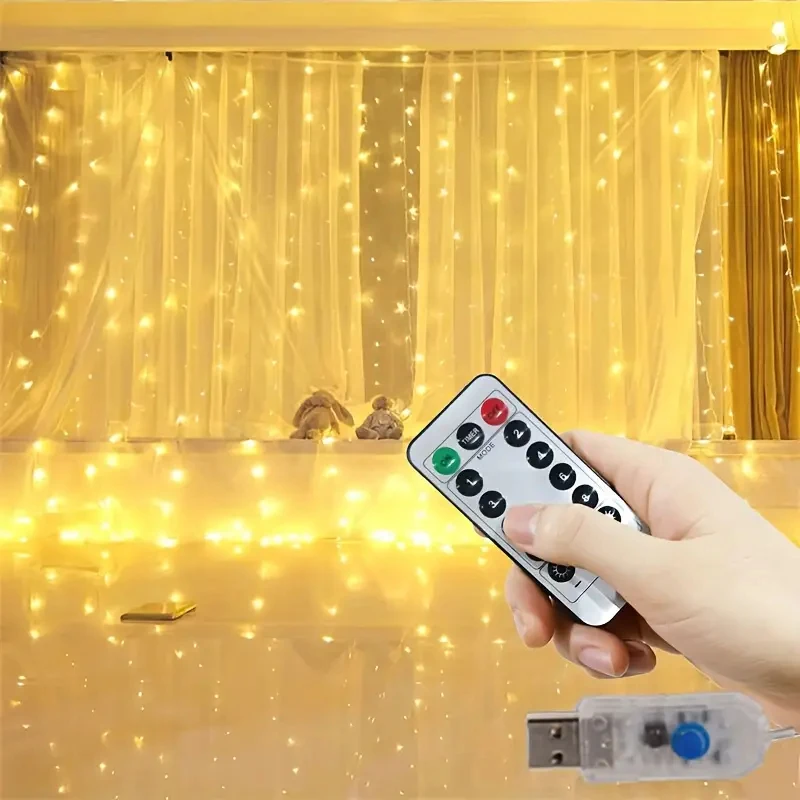 

USB Curtain LED String Lights with 8 Modes Remote Control Bedroom Holiday Wedding Birthday Christmas Decor Fairy Garland Lamp