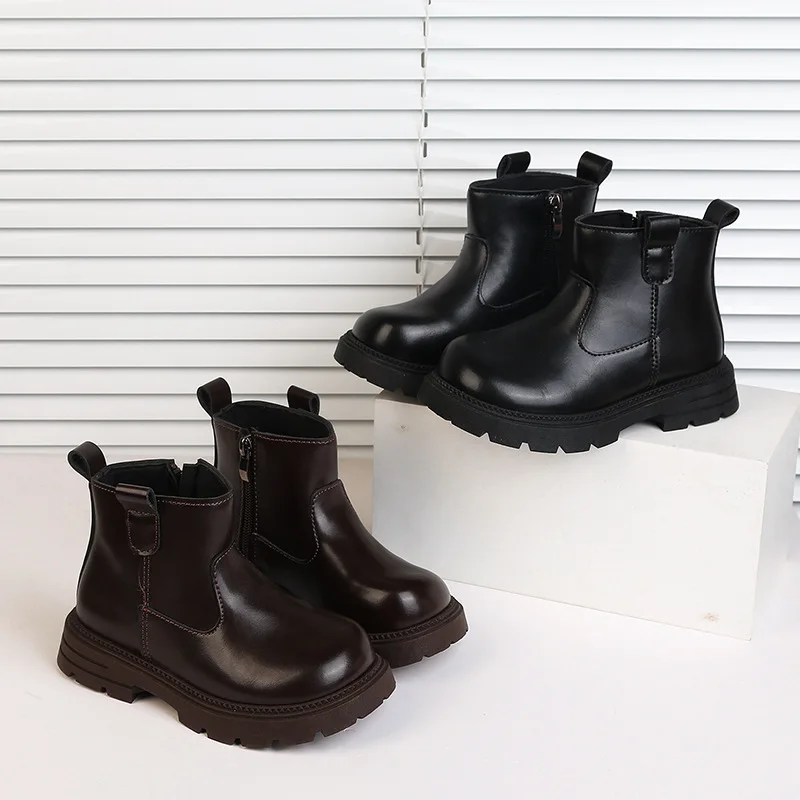 

Kids' Boots Solid Color PU Leather Fashion Autumn Shoes For Children Anti-slip Thick Bottom Breathable Black Brown Size 26-37