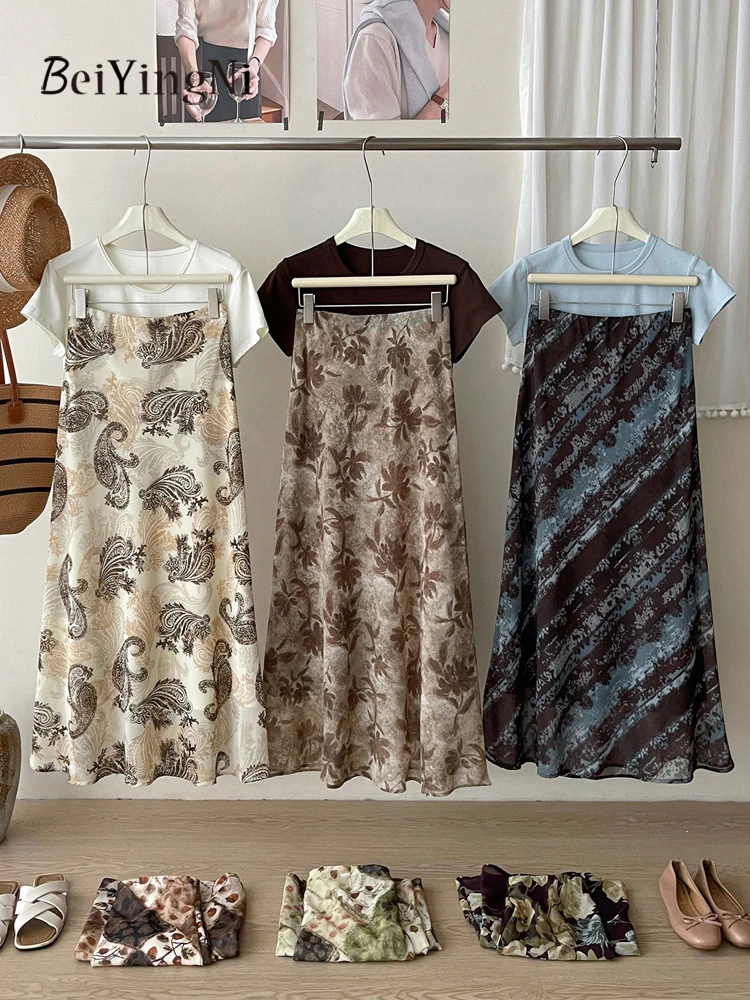 Beiyingni French Romance Women Long Skirts Vintage Print High Waist Maxi Mermaid Skirts Stylish Leisure Contrast Female Skirt