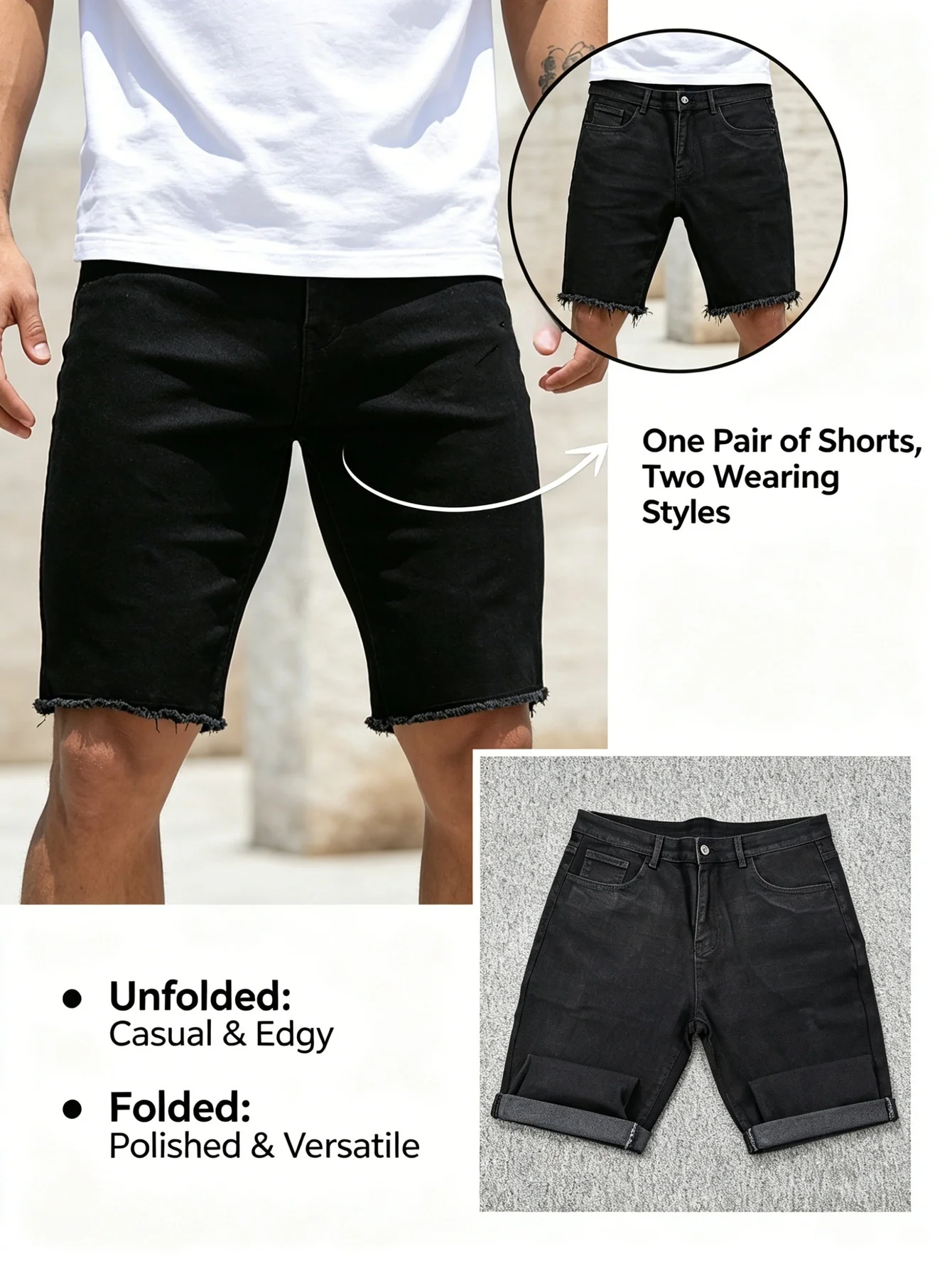 

Men's Skinny Fit Black Stretch Jorts drip slim jeans urban daily soft fabric casual outlook