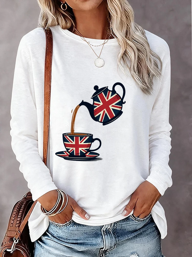 Women's British Tea Time T-Shirt Flag and Tea Cup Print with Union Jack and Scottish Saltire Print Long Sleeve T Shirt Vintage