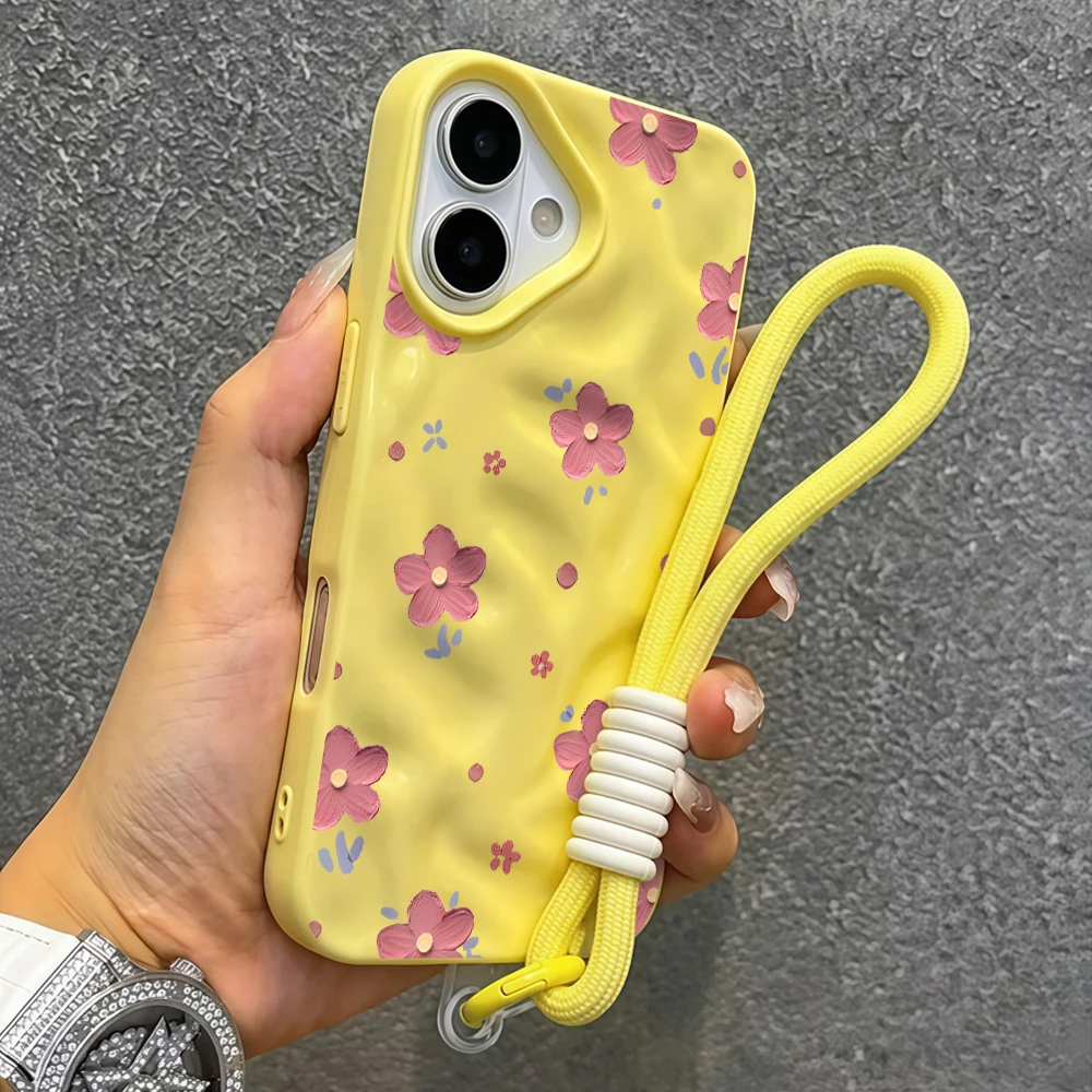 Coquet Blumenmuster Falten-Silikon-Handyhülle für iPhone 17 15 13 11 12 14 16 17 Pro Max 14 Plus 17Air mit Lanyard-Abdeckung – Detail 7