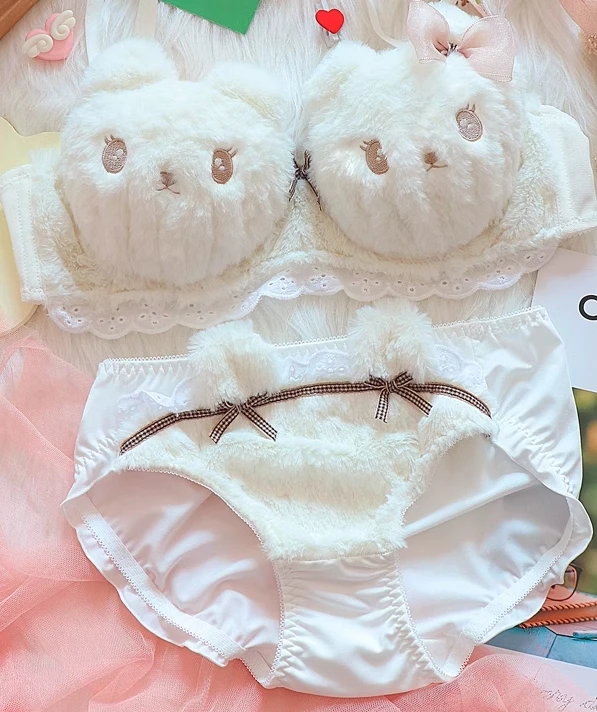 Japanese  Winter lolita cute plush bra underwear bear cartoon non-steel ring bra set warmth women large size lingerie underpant