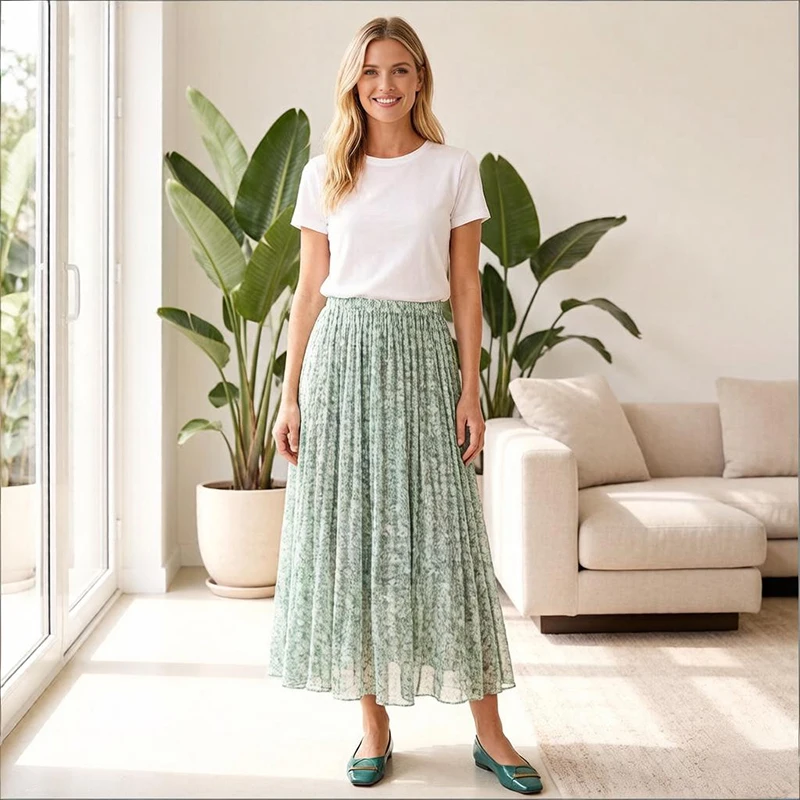 Women Silk Skirt 100% Mulberry Silk White Green Small Floral Printed Long Type Skirt With Silk Lining Summer Beach Big Hem M1528