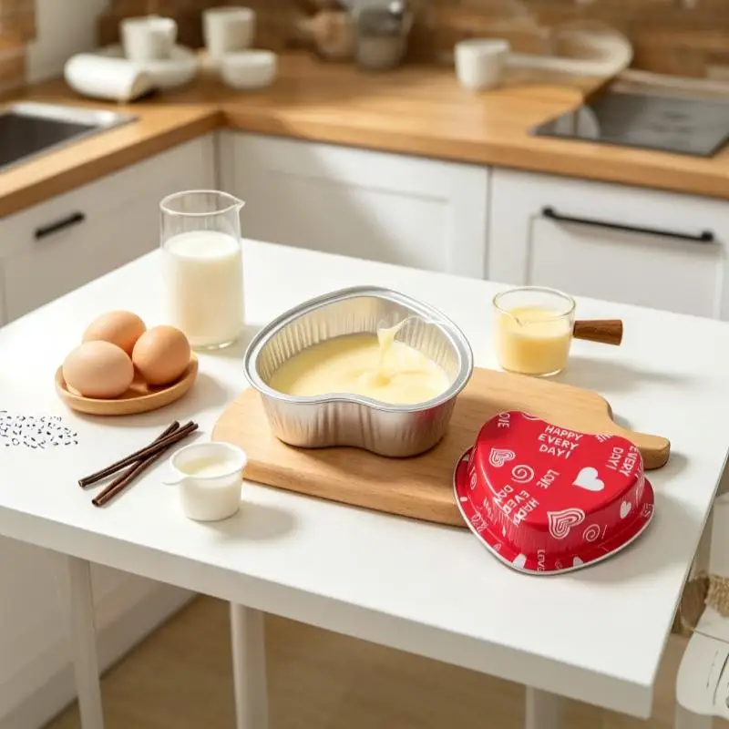 1Set Heart Shaped Disposable Aluminum Foil Baking Pans Cute Printed Lids Home Baking Valentines Dessert