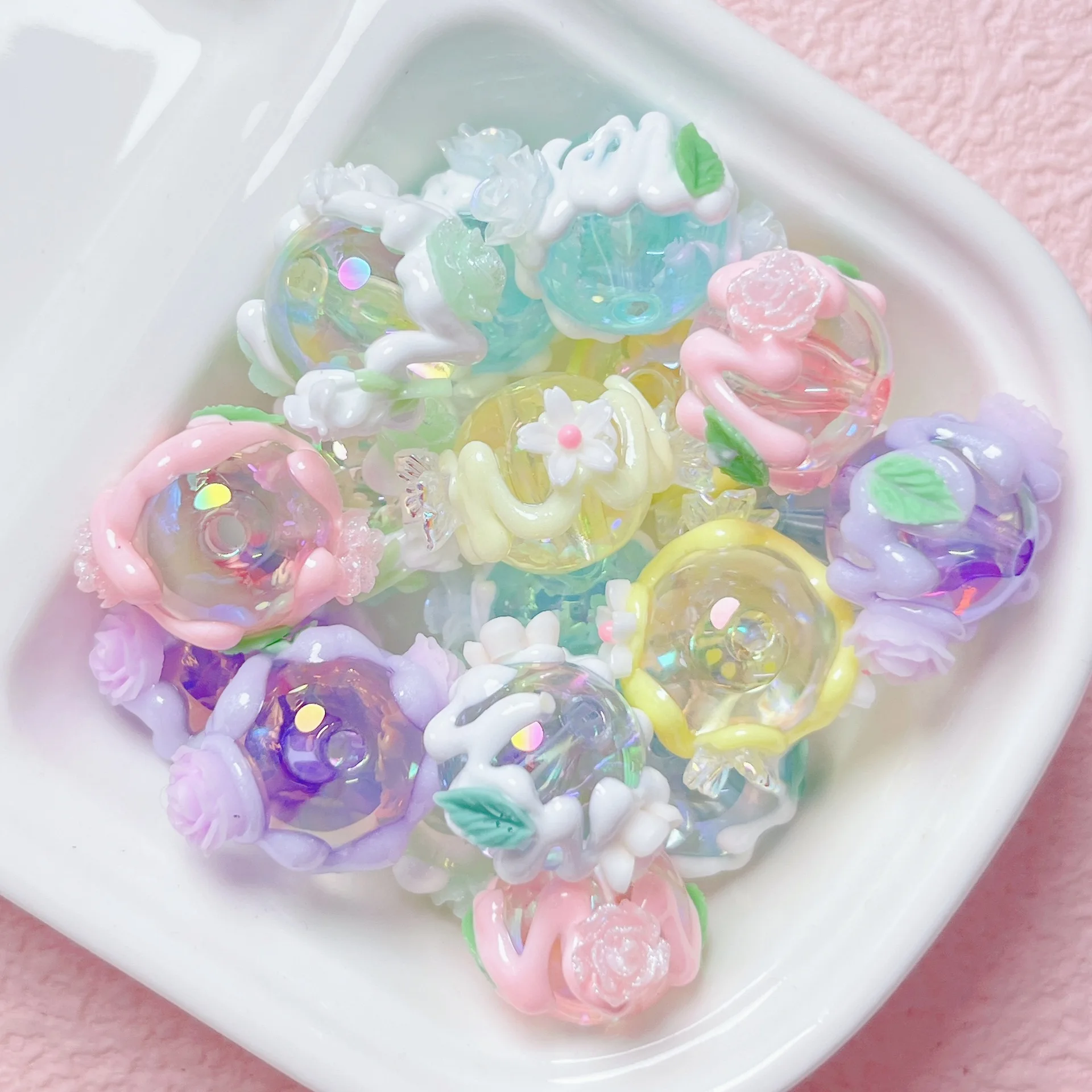 

New Summber Resin Flowers Decorated AB Transparent Colors Round Floral Gumball Beads Fit Bracelet Necklace Earring Pen 16mm 30pc