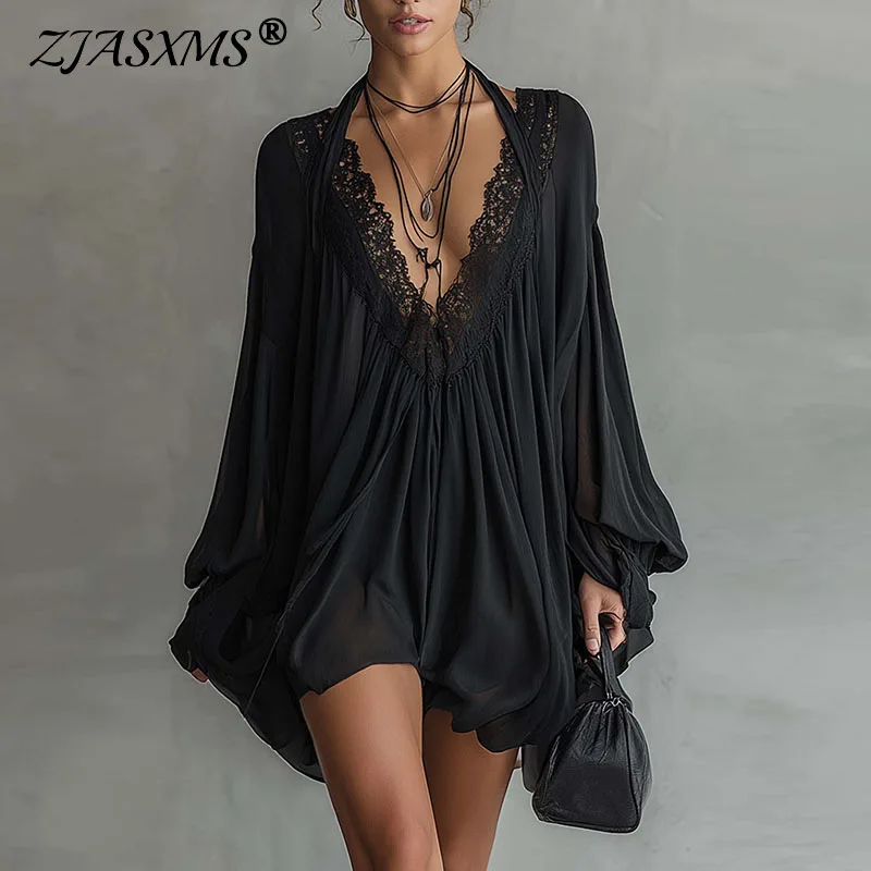 sexy flowy dresses Deep V Lace Solid Mini Dress Women Halter Neck Sheer Puff Long Sleeve Loose Dress Boho Night Club Party Short special occasion mini dress