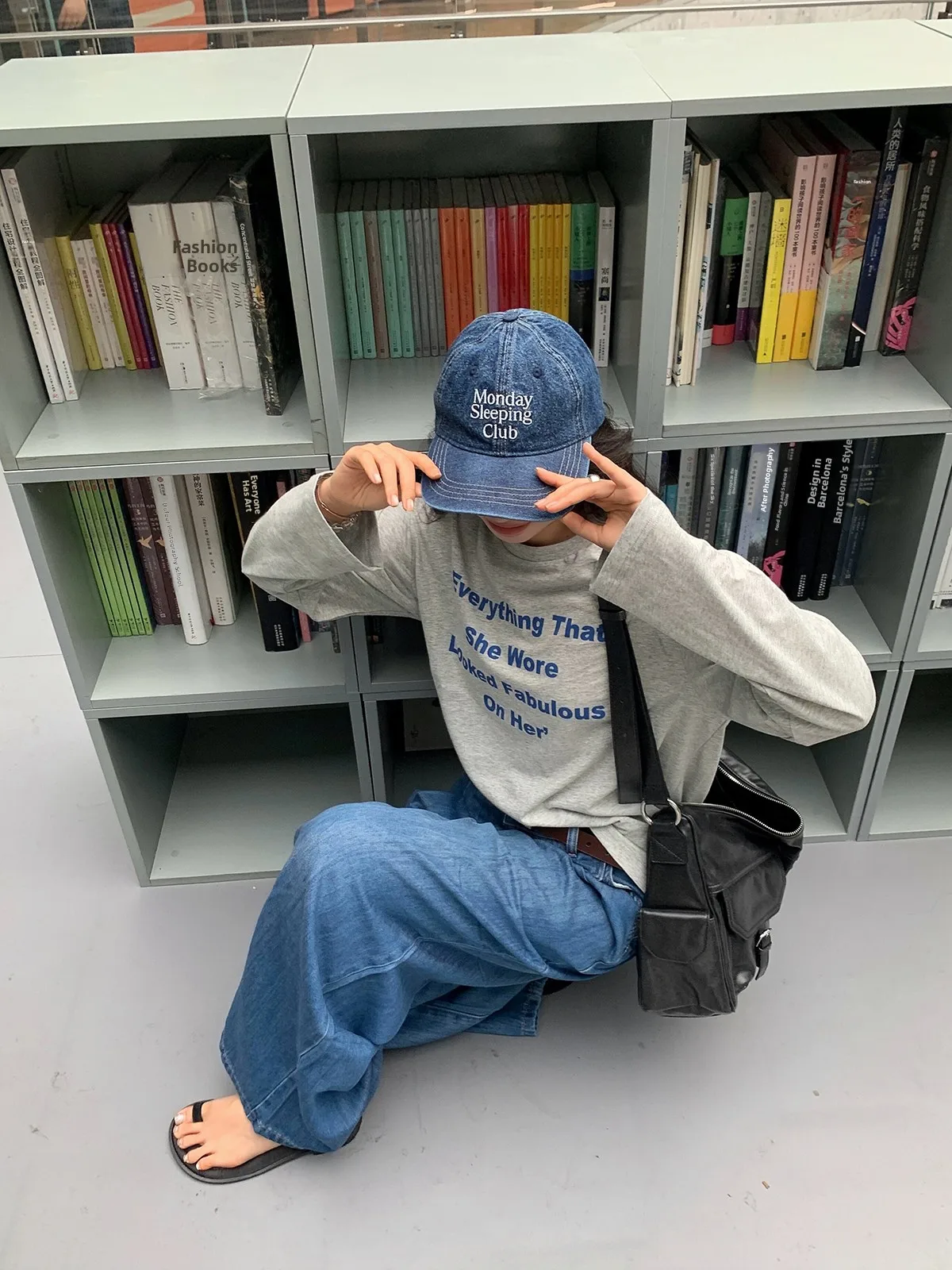 Sakura Model Grey Printed Letter Long Sleeve round Neck T-Shirt Women Loose Versatile Comfortable Pure Cotton Casual Top