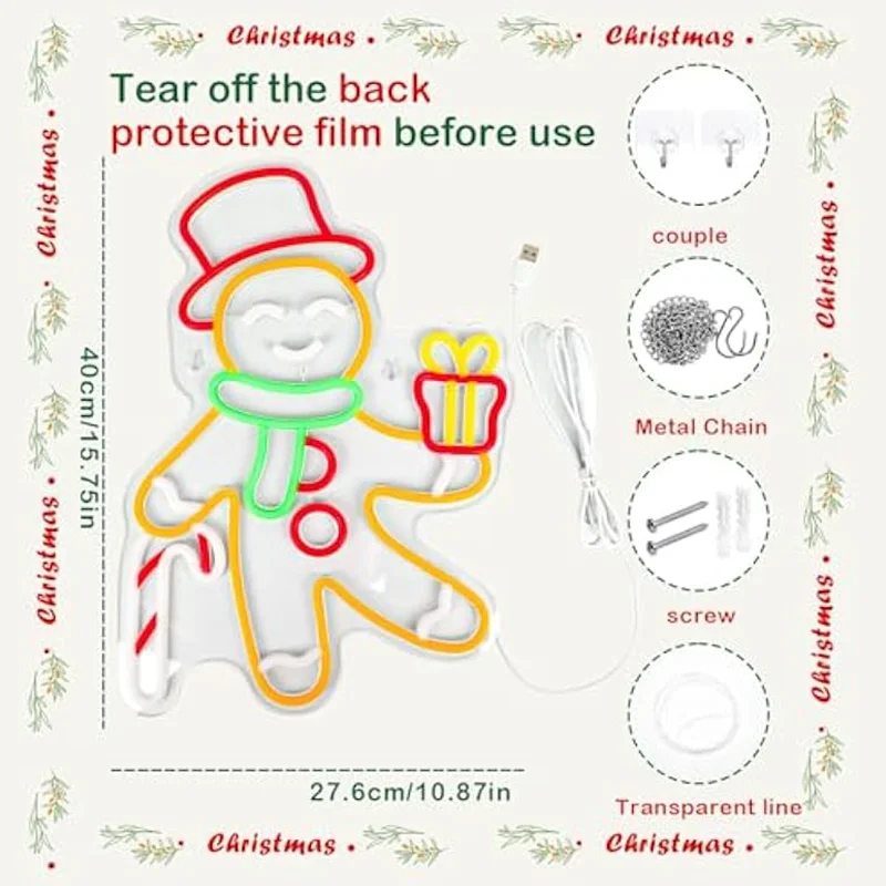 Gingerbread Man Neon Sign หรี่แสงได้คริสต์มาส Led Neon Light up Sign XMAS สําหรับตกแต่งหน้าต่างห้องนั่งเล่นเด็กเทศกาลห้องนอน