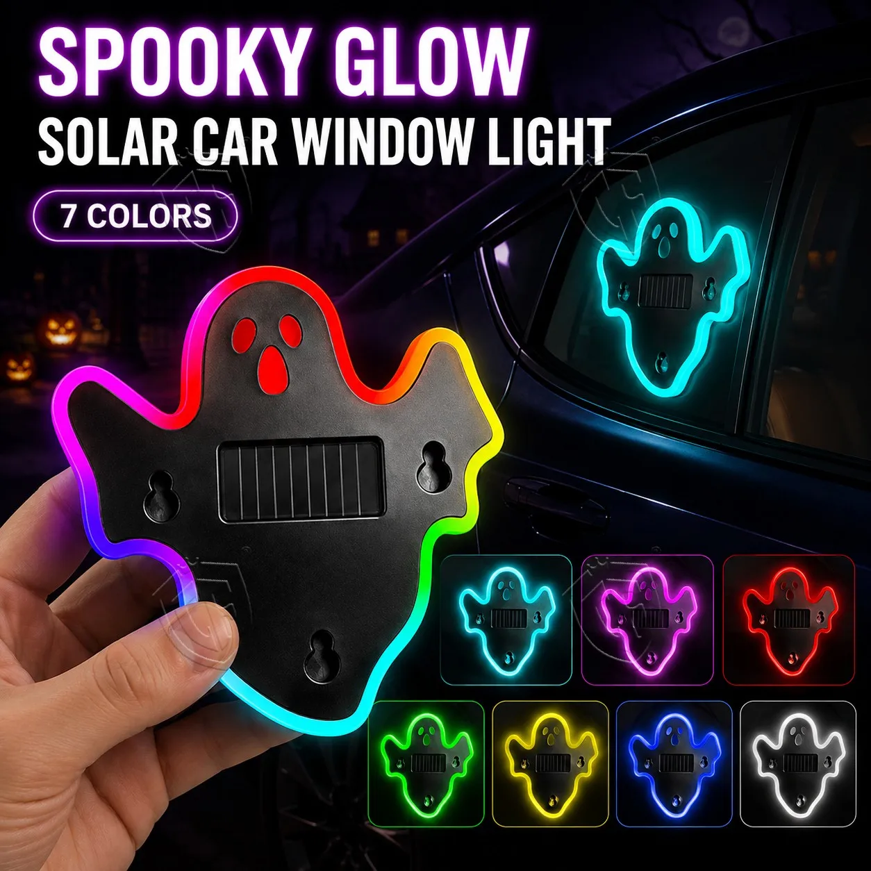 Car Styling Halloween Ghost LED Ambient Light Solar USB Rechargeable RGB Dynamic Rear Windshield Expression Decor Lamp Universal
