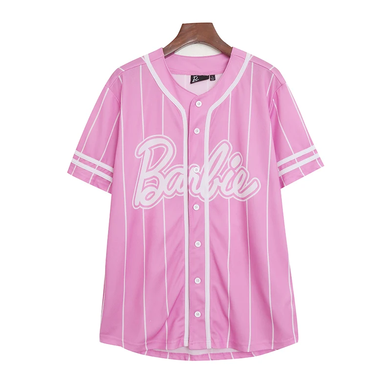 Barbie Camiseta deportiva al aire libre para niña, uniforme rosa de béisbol cómodo, cárdigan de manga corta de secado rápido transpirable, camiseta suelta