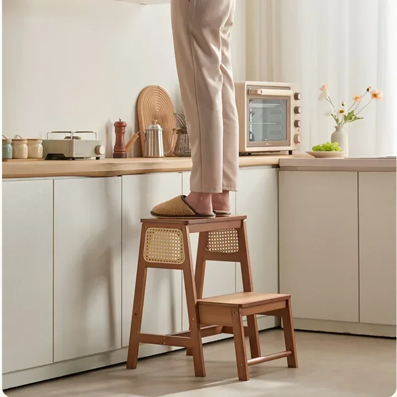 Natural Bamboo Herringbone Ladder Multi-functional High Stools Kitchen Resin Rattan Weaving Ladder Stool Flip Folding Step Stool