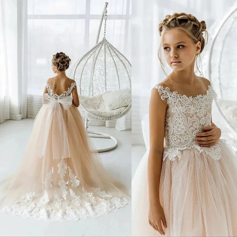 

Vintage Boho Flower Girl Dresses For Wedding Lace Pricess Gowns for Girls Arabic First Birthday Party Dress