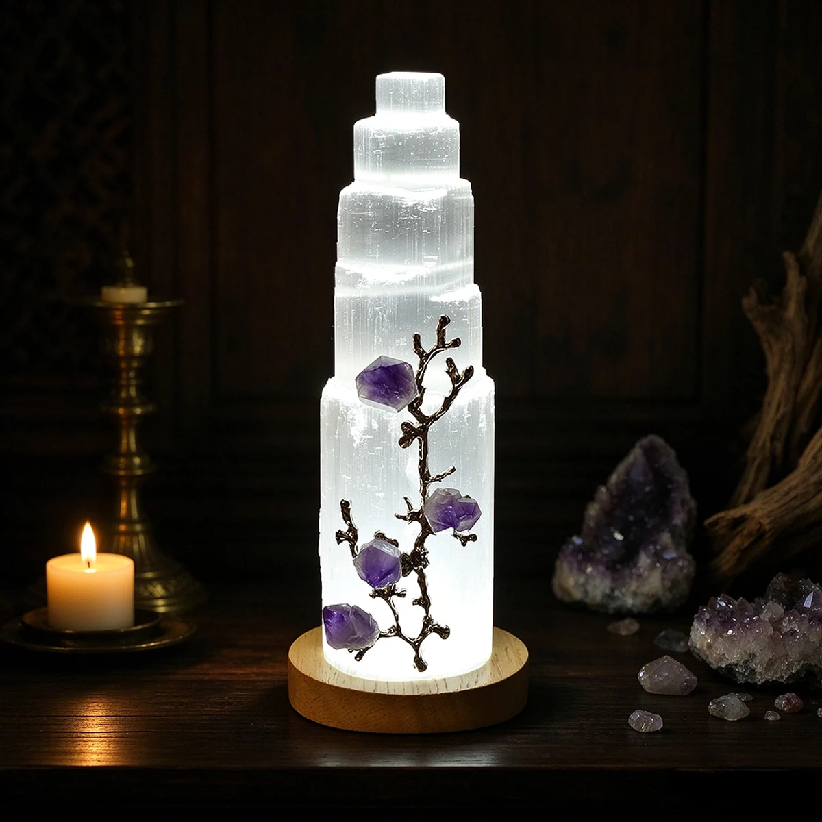 1PC Natural White Selenite Tower Lamp with Amethyst Tooth Flower, Gypsum Iceberg Carved Crystal Light, Healing Mineral Specimen