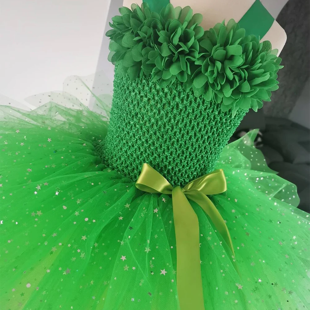 Girls Green Glitter Tutu Dress Kids Flower Fairy Dress with Butterfly Wing Set Children Party Costume Sparkled Stars Dresses