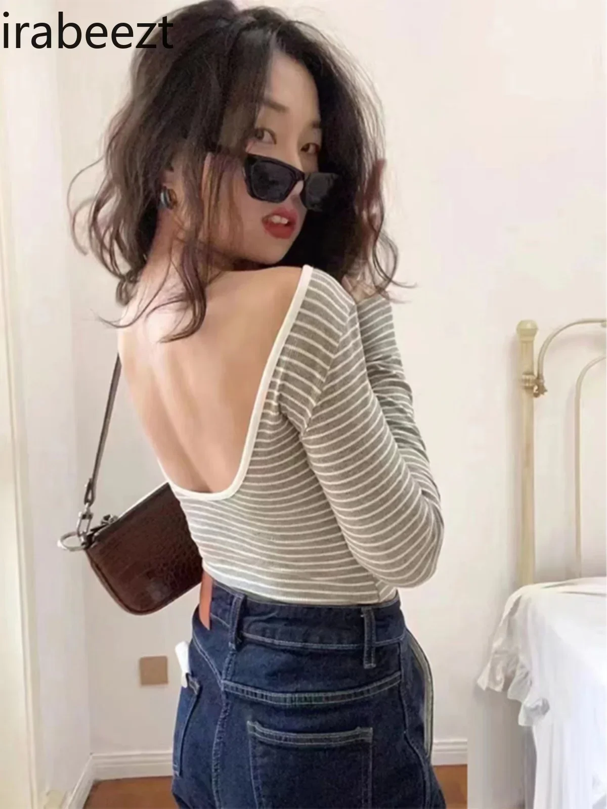 Retro Striped Skintight Backless Long Sleeve T-shirt Women's New 2024 Spring Slim-fit All-in-one Base Crop Top Women