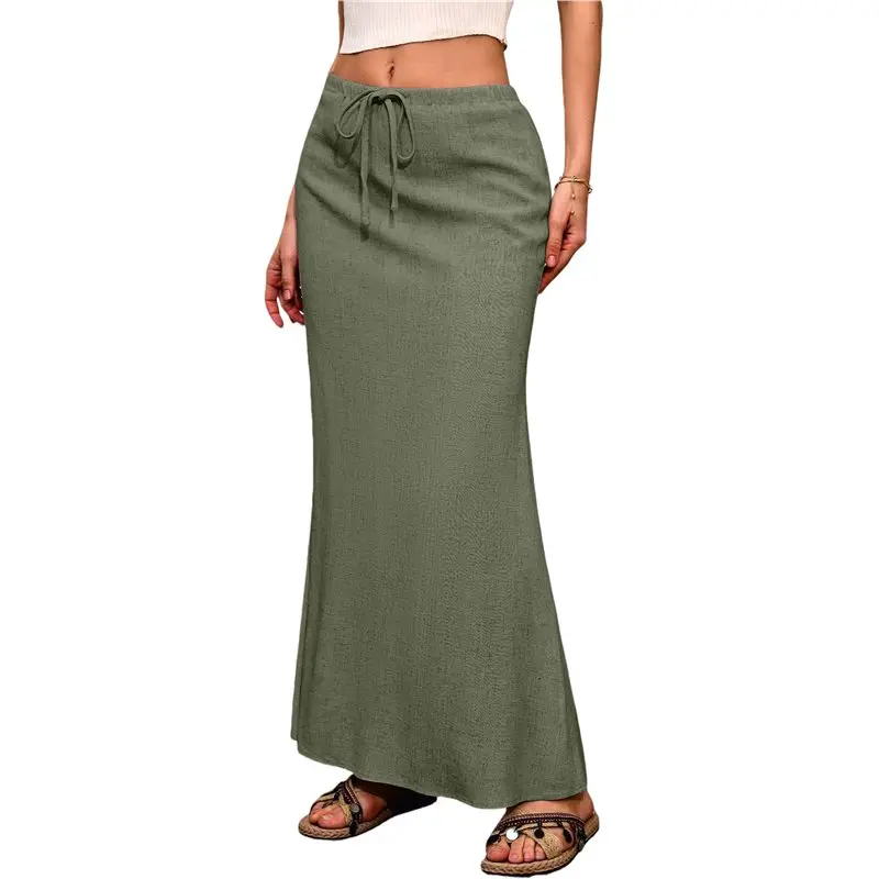 Linen Flared Maxi Skirt With Back Slit - Elastic Waist Drawstring Long Flowy Ankle-Length Skirt Green XL-A74P