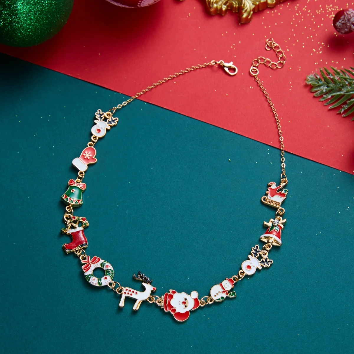 Weihnachtsbaum, Schneemann, Weihnachtsmann, Kranz, rote Kristall-Halskette für Damen und Herren, Weihnachten, Schneeflocken, Glocken, Hirsch, Halsband, Neujahrsschmuck – Detail 27