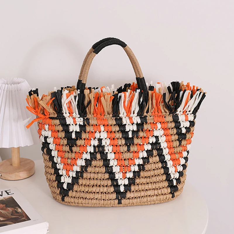 Women Handbag Color Matching Hand-Woven Rattan Straw Large Capacity Beach Vacation Bags Summer Hollow Travel Popular Tote Bag