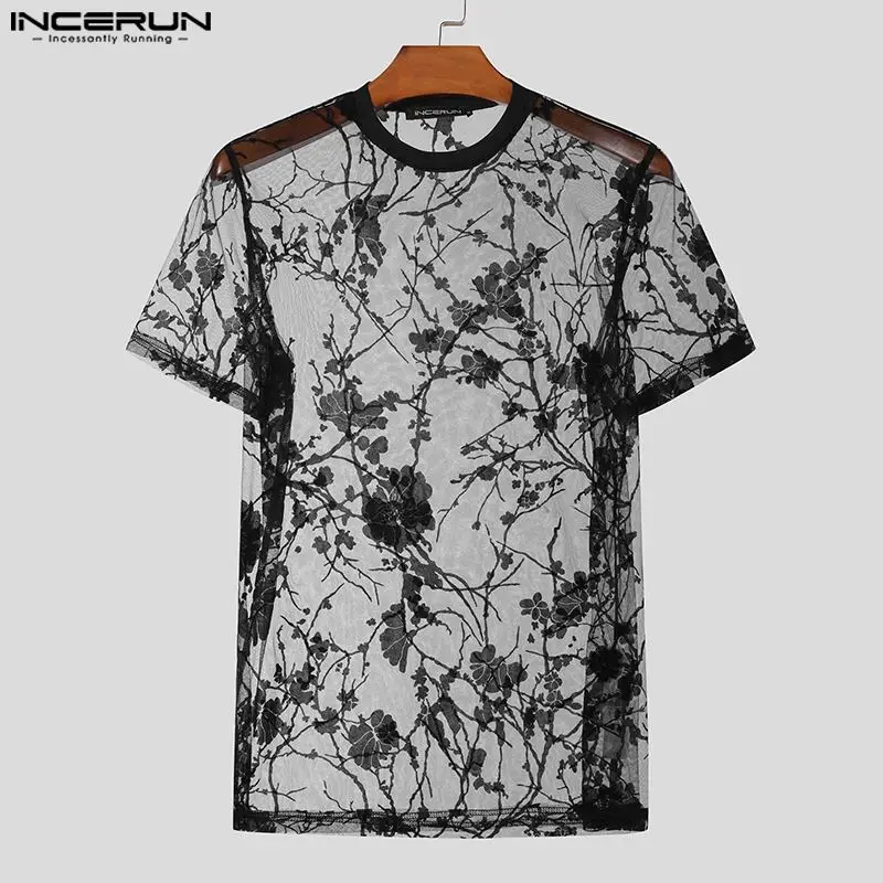 INCERUN Tops 2024 American Style Men\'s Sexy See-through Printed T-shirts Leisure See-through O-neck Short Sleeved Camiseta S-5XL