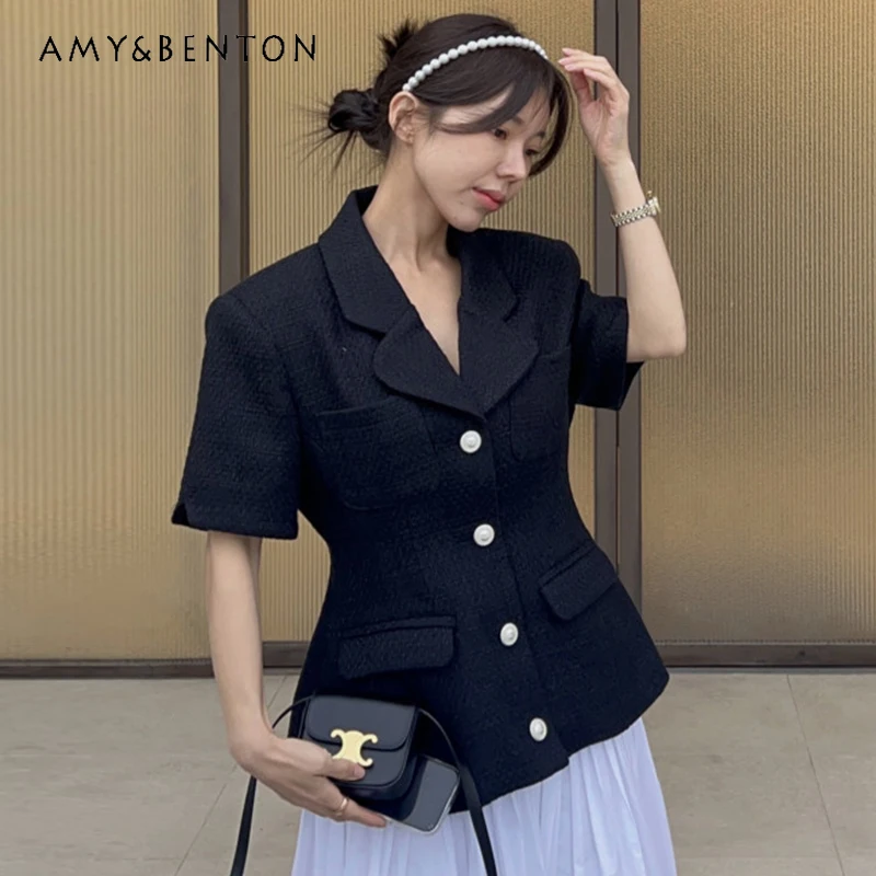 Korea Chic Graceful Lapel Multi-Pocket Short Sleeve Tweed Coat Women Commute Style Fashion Temperament Single-Breasted Slim Coat