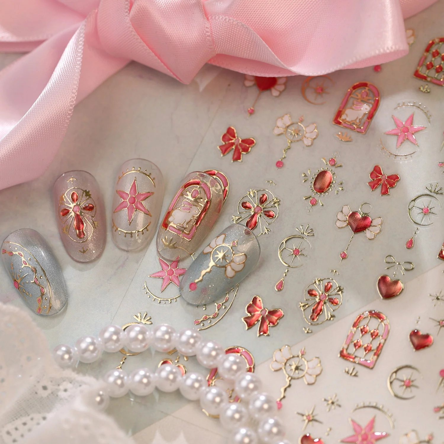 5D Golden Border Retro Arch Window Nail Stickers Star Bowknot Love Heart Pendant Crescent Wreath Flower Charms Nail Art Decals