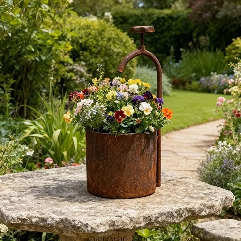Retro Water Wells Design Iron Flower Pot Perfect For Plant And Home Decors 3XUF