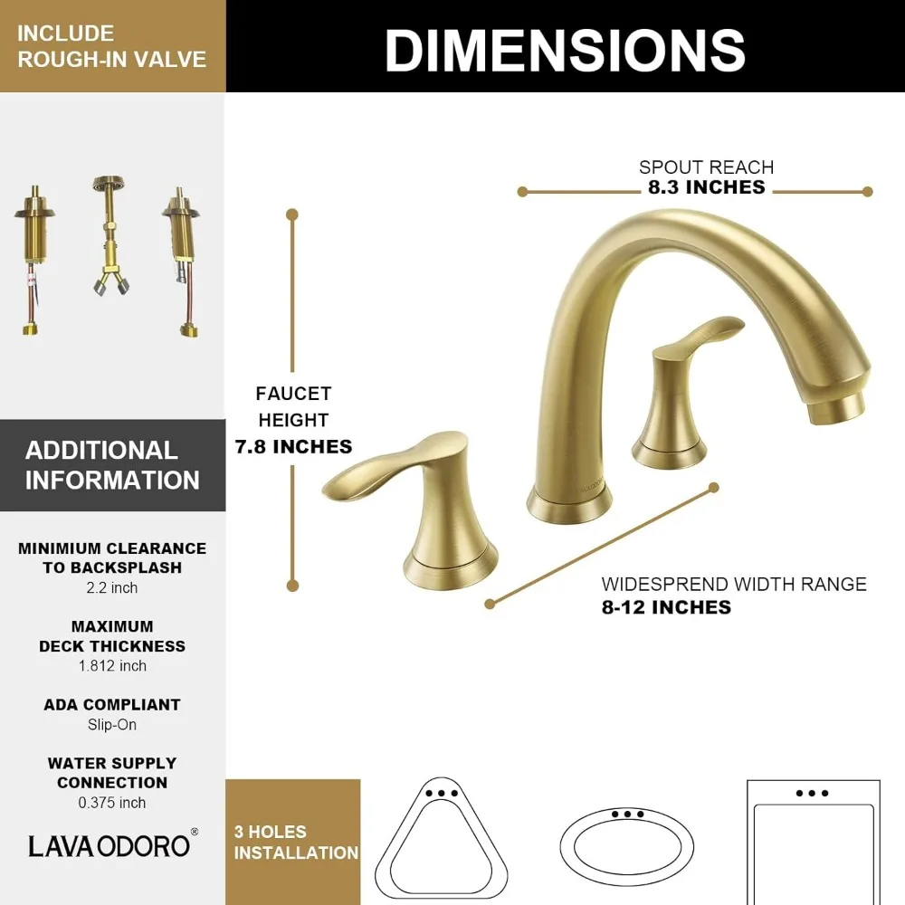 صنبور حوض استحمام روماني ذهبي مصقول بمقبضين، حامل على سطح السفينة، تدفق عالي، عرض 8 بوصة