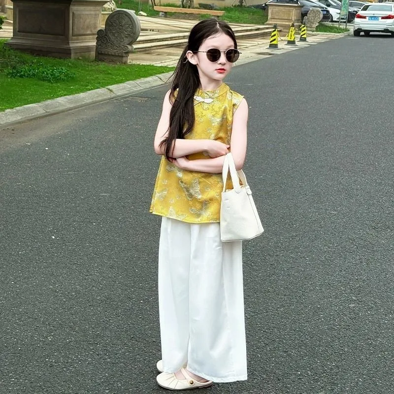 Girls' New Clothing Set Summer Girls' Chinese Cheongsam 2-piece Set Children's Trendy Sleeveless Top Pants Clothing Set LJ603