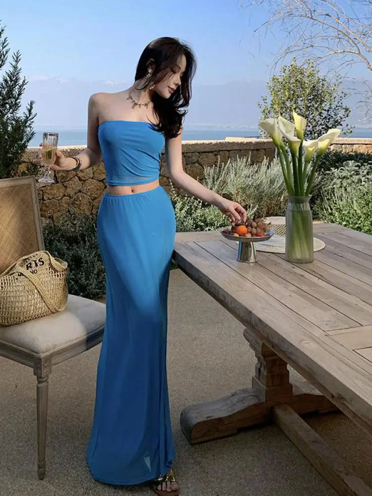 

Women Summer Vacation Two Piece Set New Blue Sexy Sleeveless Backless Strapless Tops And High Waist Slim Pleated Long Skirt Suit