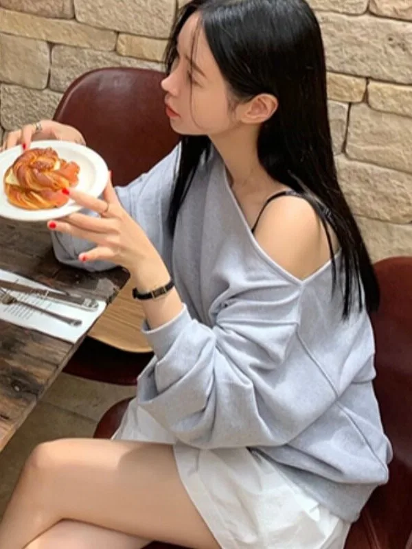 Loose Shoulder Bared Women's Hoodie Long Sleeve Korean Style Casual Fashionable Autumn New Design Loose Fit Sweatshirt