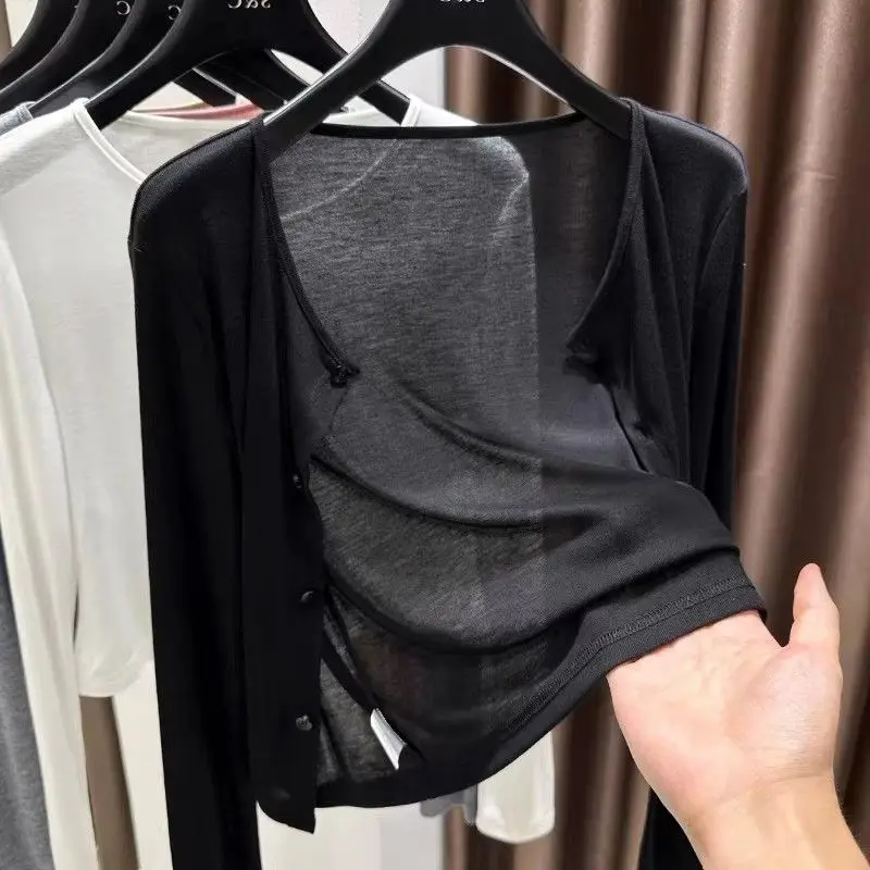 Sun Protection Silk Blend Short Cardigan Women's Outerwear Thin Buttoned Cover up Summer Tank Top Skirt Trendy Outer Jacket