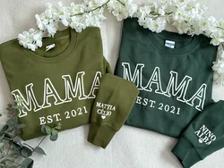 Personalized MAMA EST Year Sweatshirt with Kid Names on Sleeve Minimalist Neckline Sweater Mother Day Gift New Mom Birthday Gift