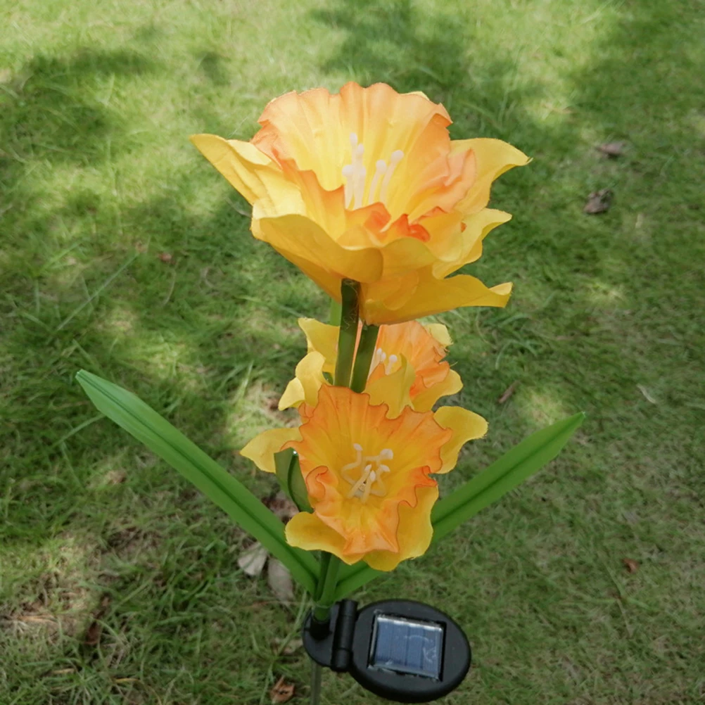 

2 pcs Solar Powered Led Daffodil Flower Lawn Outdoor Waterproof Long Stick Ground Plug Light 4 Branches Orange Yellow Garden