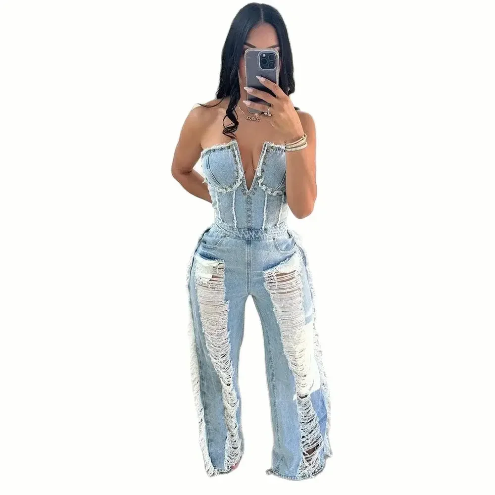 Fashion Trend Jumpsuite Femme Hollow Out  Overalls For Women Studded Diamond Strapless Backless Jeans Street